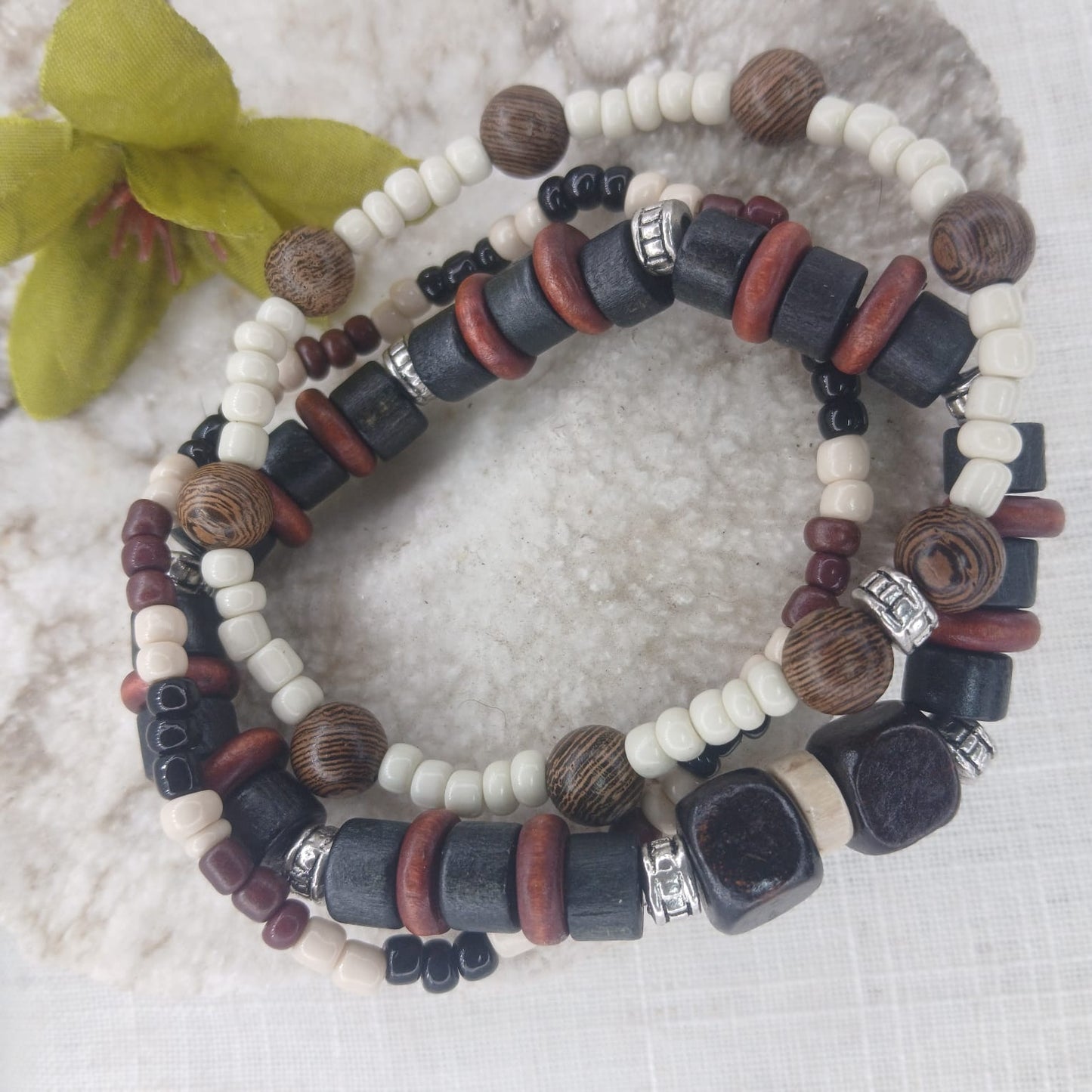 WolfPack Wrist Stack - Trendy Wood, Seed, and Glass Accessory to Elevate Your Style