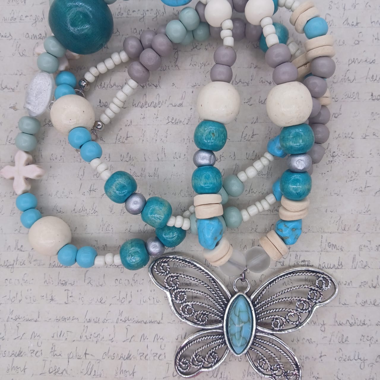 Calming Turquoise on Wood | Silver Butterfly Necklace | 105cm