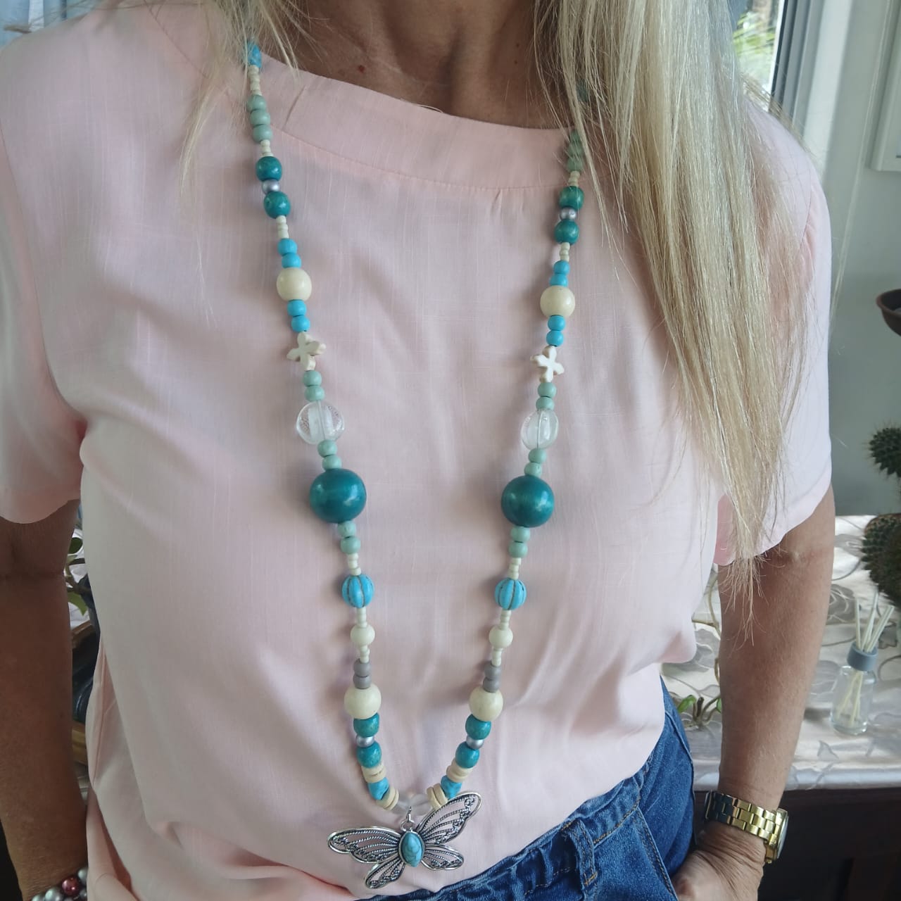 Calming Turquoise on Wood | Silver Butterfly Necklace | 105cm