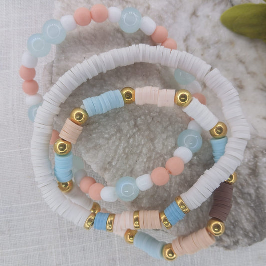 Cloud Wrist Stack with Polymer Clay and Goldish Spacer Beads - Crisp, Light Neutral Colour Wrist Stack