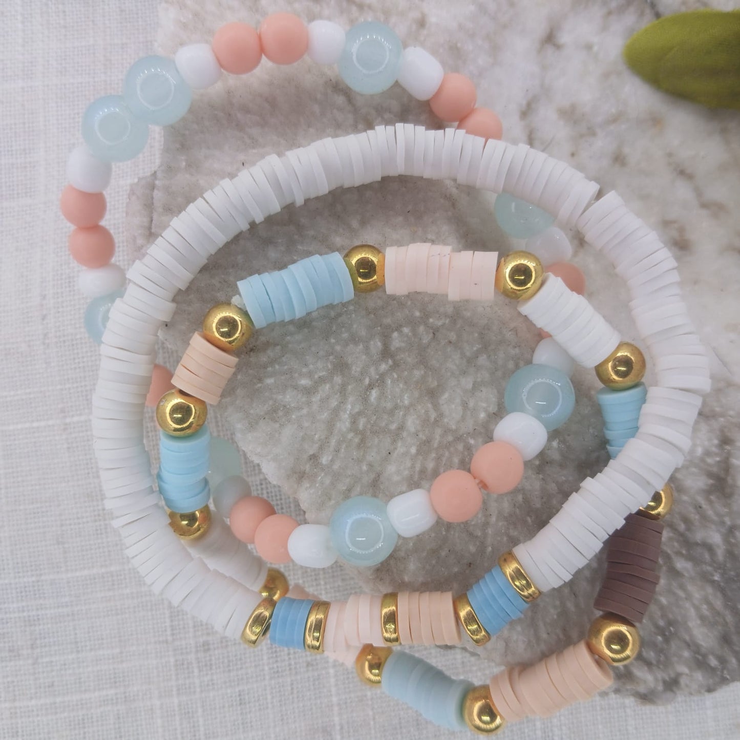 Cloud Wrist Stack with Polymer Clay and Goldish Spacer Beads - Crisp, Light Neutral Colour Wrist Stack