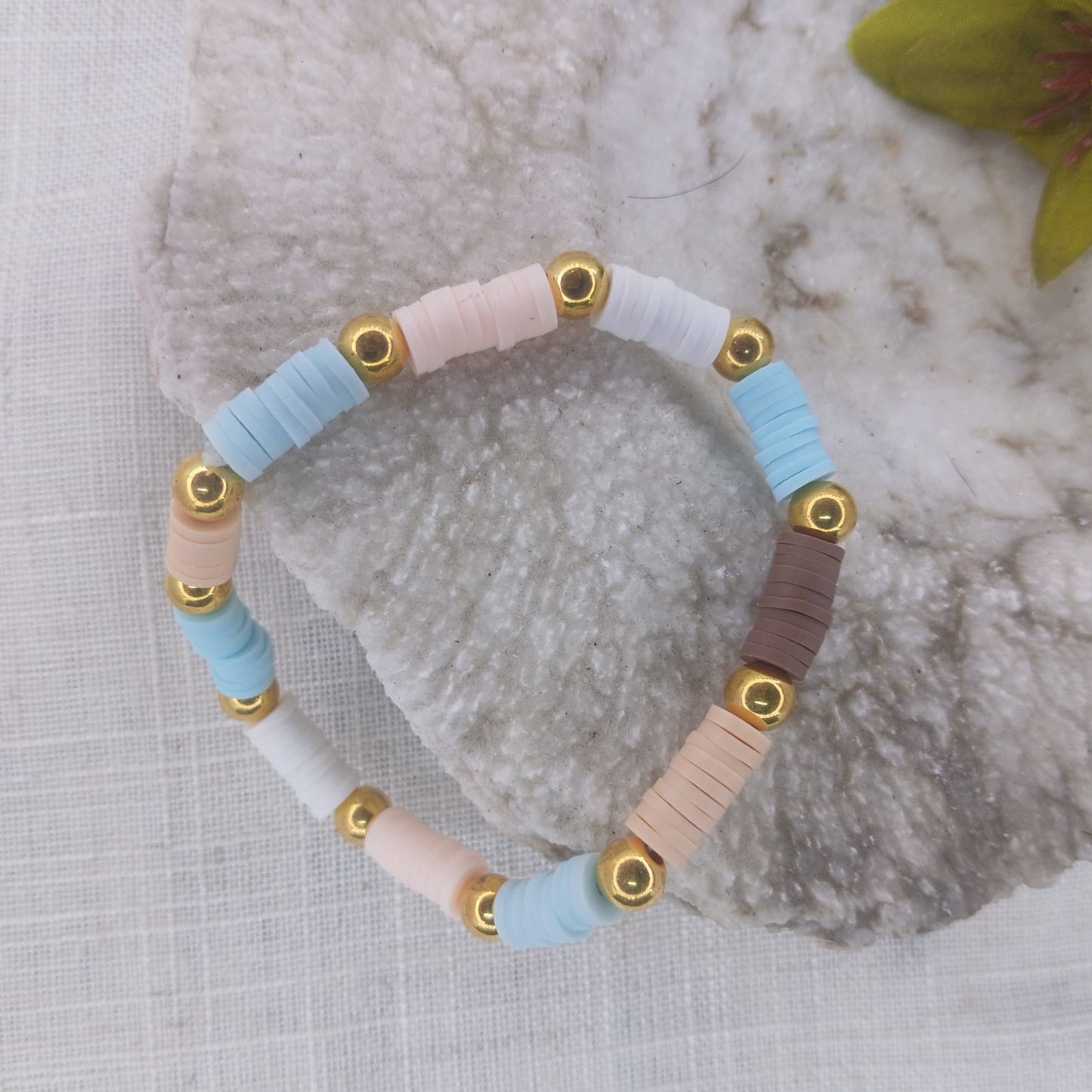 Cloud Wrist Stack with Polymer Clay and Goldish Spacer Beads - Crisp, Light Neutral Colour Wrist Stack
