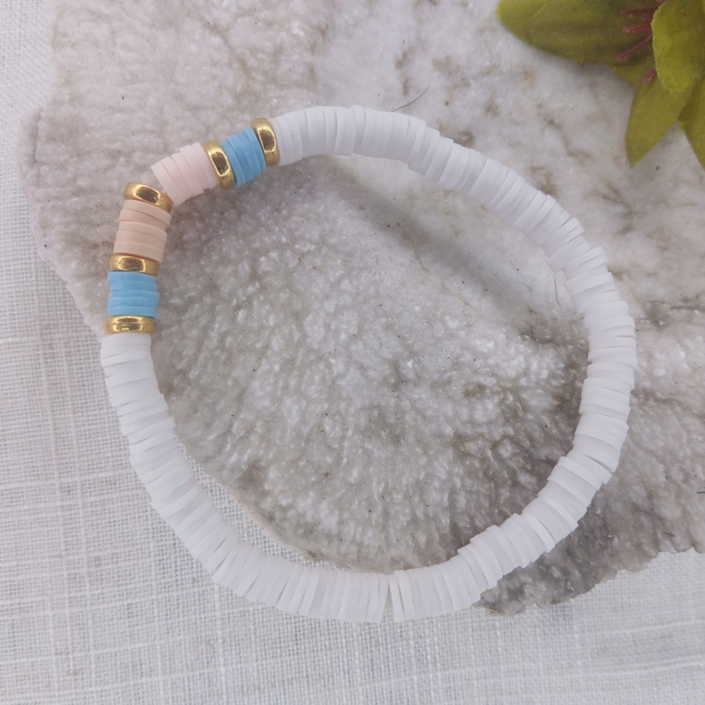 Cloud Wrist Stack with Polymer Clay and Goldish Spacer Beads - Crisp, Light Neutral Colour Wrist Stack