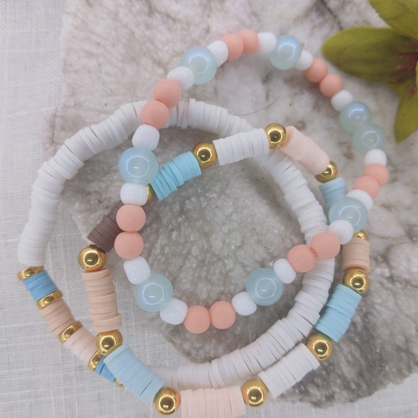 Cloud Wrist Stack with Polymer Clay and Goldish Spacer Beads - Crisp, Light Neutral Colour Wrist Stack