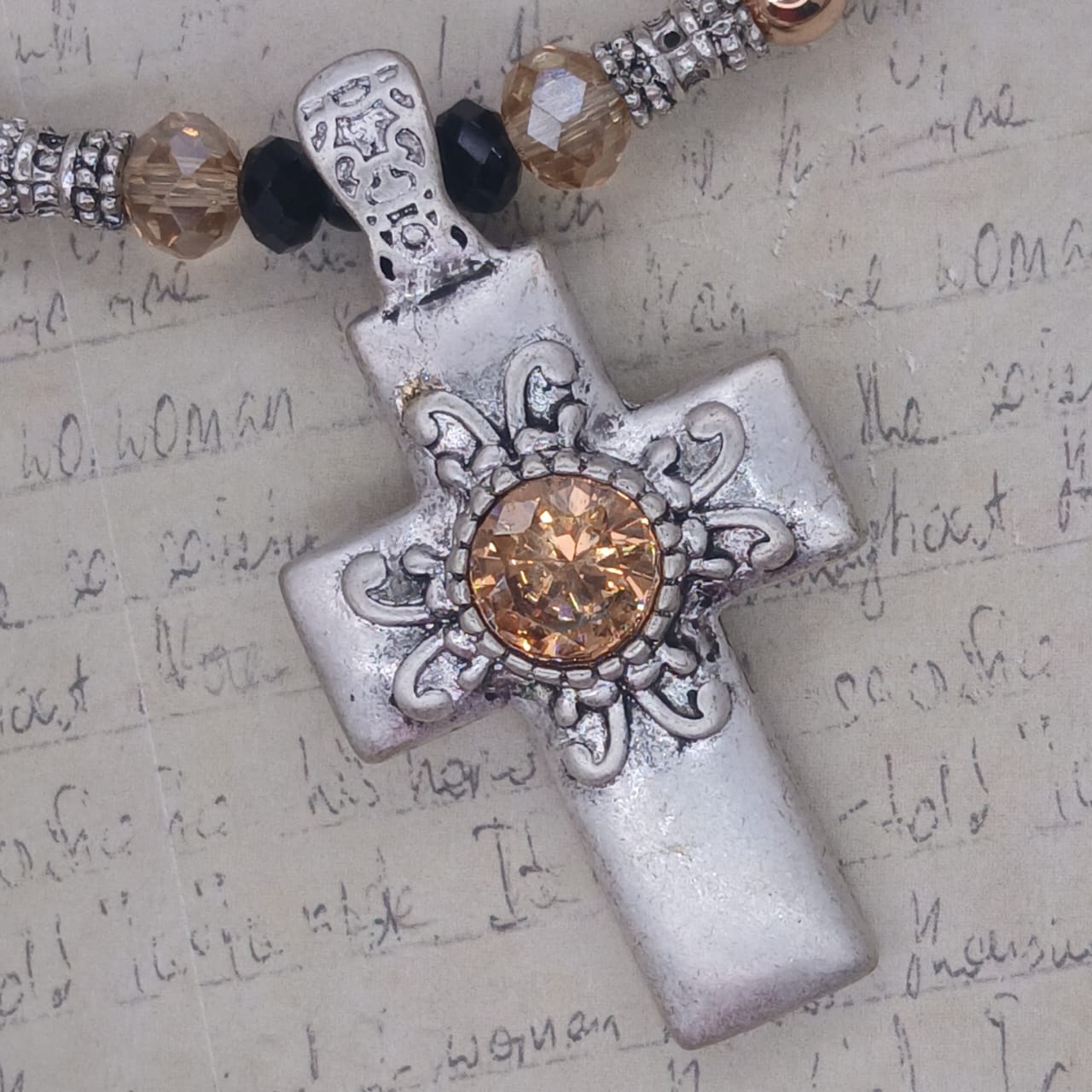 The Glorious Cross | Silver & Champagne Crystal Choker | 40cm