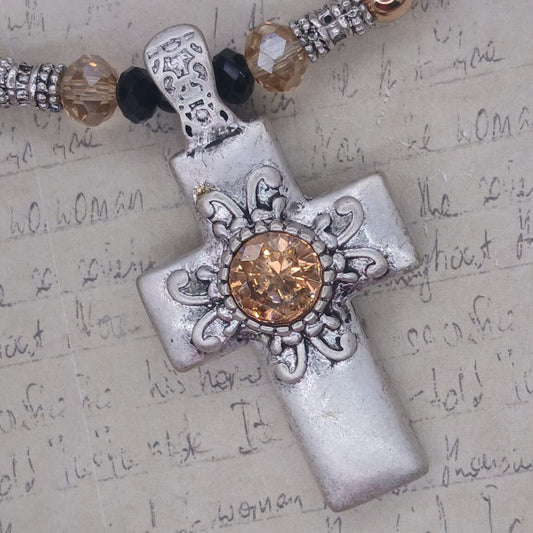 The Glorious Cross | Silver & Champagne Crystal Choker | 40cm
