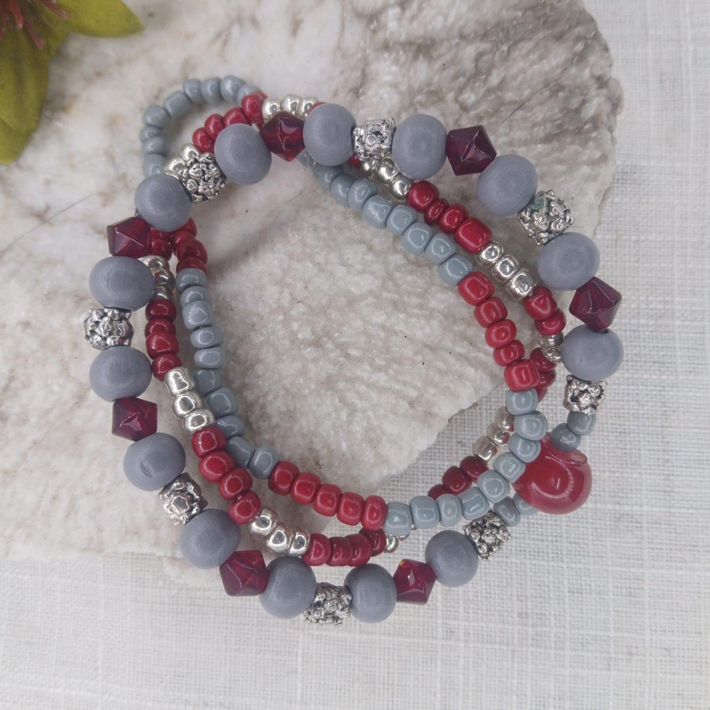 Mist: Grey Red Silver Wrist Stack - Rich Red & Silver Combo Bracelets
