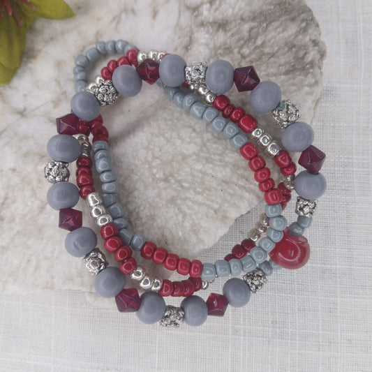 Mist: Grey Red Silver Wrist Stack - Rich Red & Silver Combo Bracelets