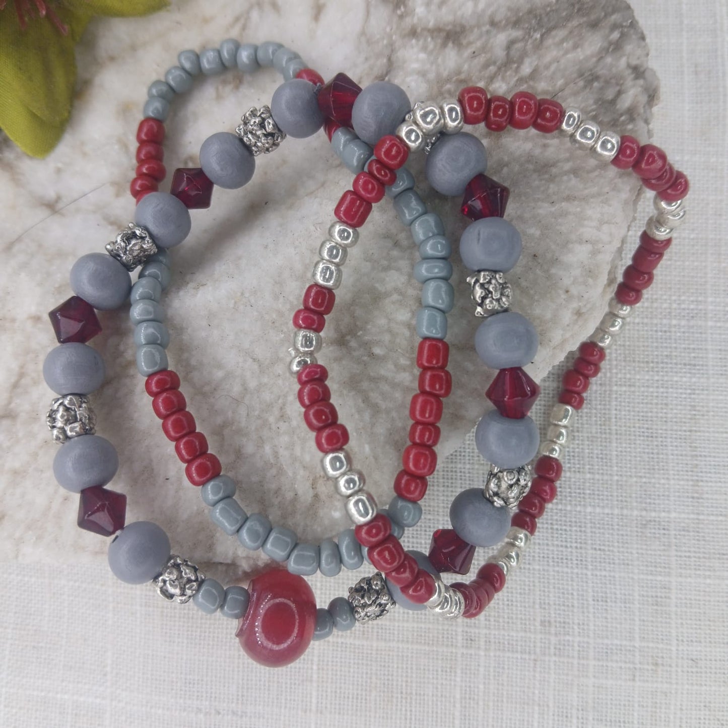 Mist: Grey Red Silver Wrist Stack - Rich Red & Silver Combo Bracelets