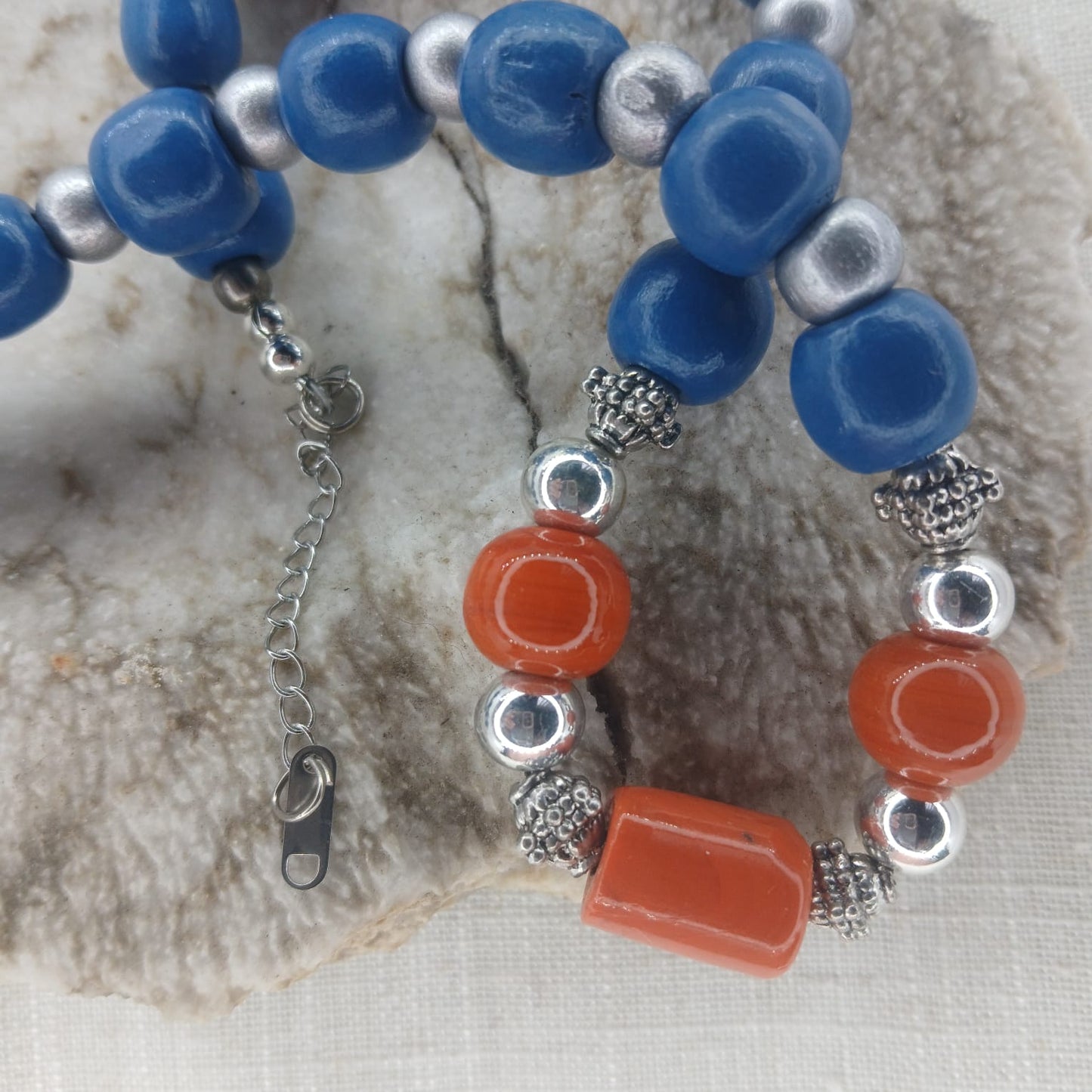 Orange ceramic, hematite and wood Choker