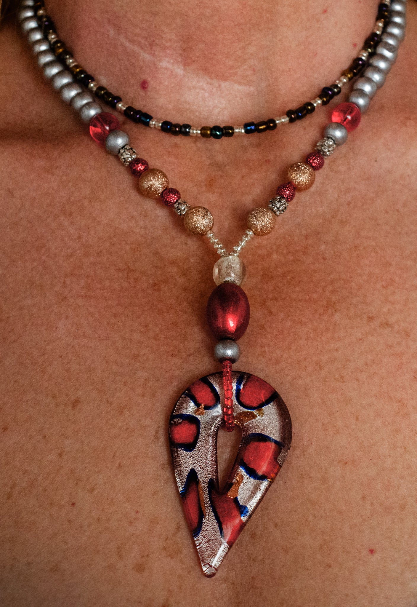 Red Tiger – Glass, Resin & Wood Double Necklace Set