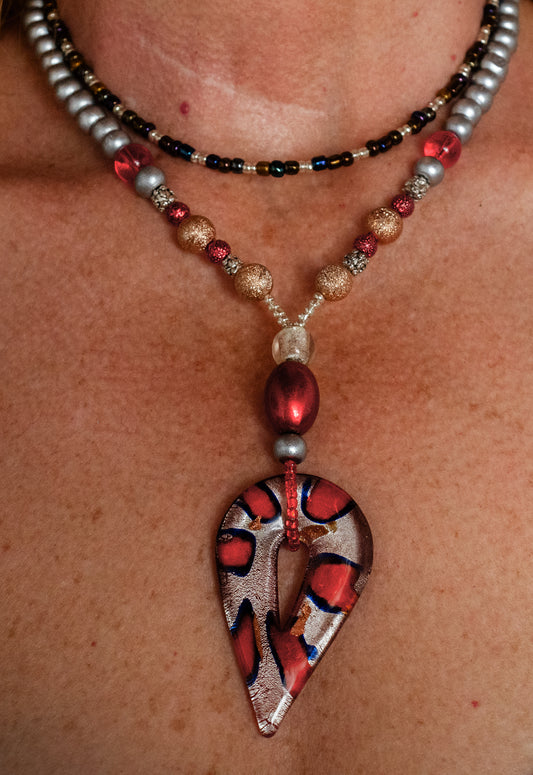 Red Tiger – Glass, Resin & Wood Double Necklace Set
