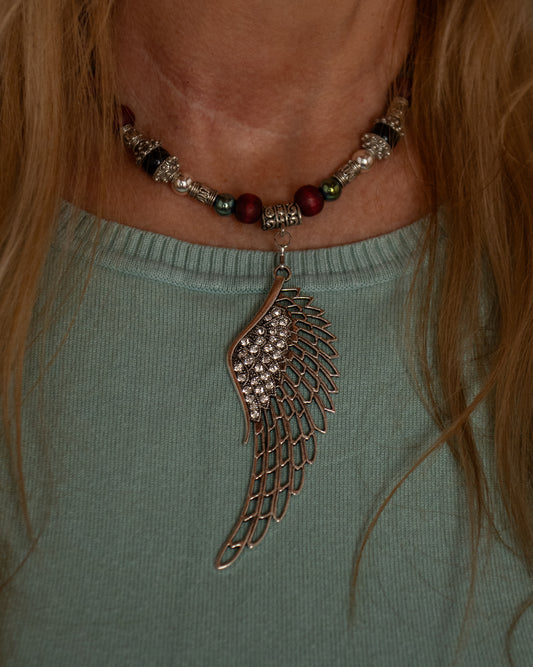 Protector Angel Wing – Hematite, Wood & Glass Double Necklace Set