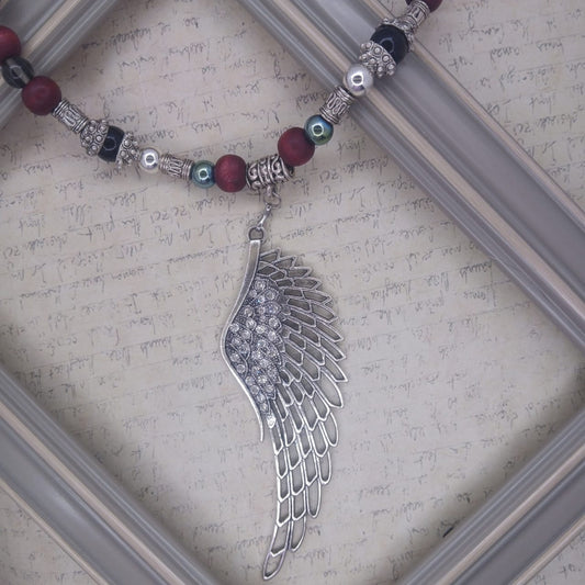 Protector Angel Wing – Hematite, Wood & Glass Double Necklace Set