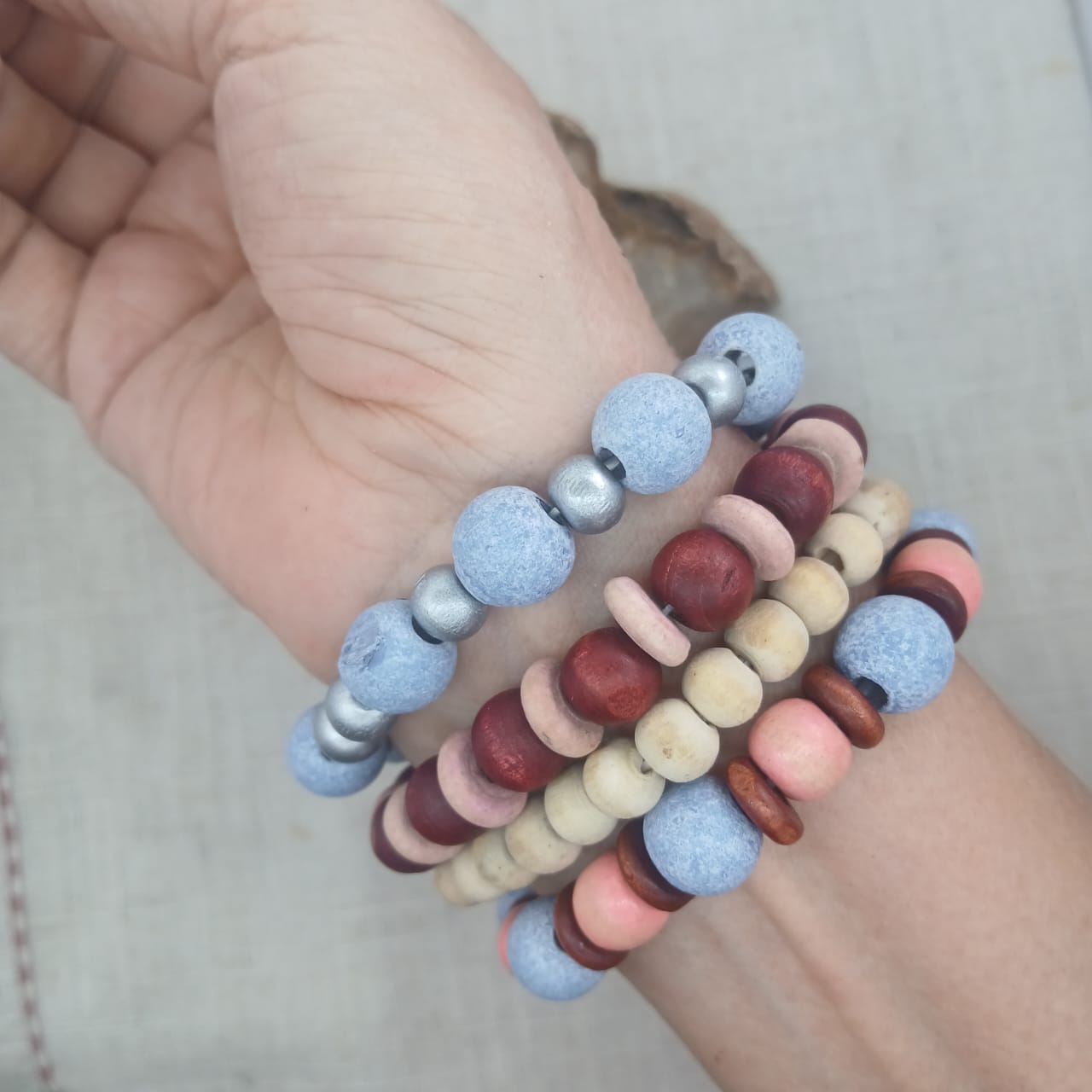 Earthy Boho Wrist Stack – Set of 4 Stretchy Wood Bead Bracelets