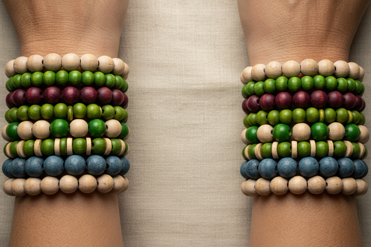 Two wrists stacked with colourful handcrafted bead bracelets by BeadCandi - greens, purples, blues and naturals on linen background